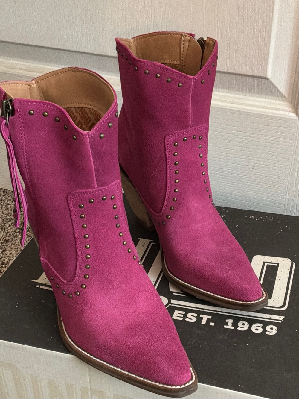 dingo Fuchsia Suede Studded Western Ankle Boots